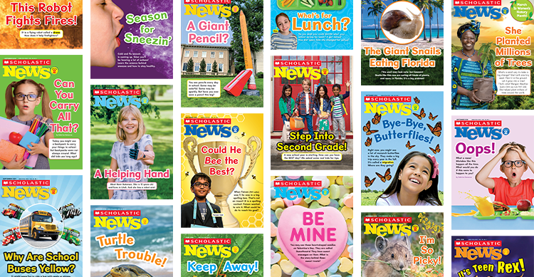 Collage of Scholastic News magazine covers on a variety of topics for young readers